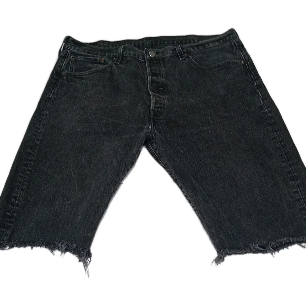 Levi's 501 Black Denim Shorts W38 Cut Off Button Fly Distressed USA Style